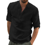 KB Men's Casual Blouse Cotton Linen Shirt Loose Tops Long Sleeve Tee Shirt Spring Autumn Casual Handsome Mart Lion Black US S 50-60 KG 