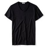 Summer V-neck T-shirt Men's 100% Combed Cotton Solid Short Sleeve Fitness Undershirt Tops Tees Mart Lion Black CN Size S 50-55kg 