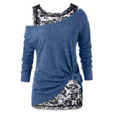 2 in 1 Two Piece Top Sheer Floral Lace Tank Top And Solid Color Knit Textured Long Sleeve T Shirt Skew Neck Casual Top Mart Lion Blue S 