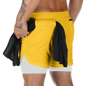 Men's Running Shorts Summer Sportswear Double-deck Jogging Short Pants Gym Fitness Beach Bottoms Workout Training Sport Mart Lion Yellow M(50-65kg) 