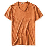 Summer V-neck T-shirt Men's 100% Combed Cotton Solid Short Sleeve Fitness Undershirt Tops Tees Mart Lion Turmeric CN Size S 50-55kg 