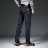  Fit Straight Fleece Thick Warm Jeans Classic Badge Youth Men Casual High waist Denim Jeans Mart Lion - Mart Lion