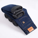 Fit Straight Fleece Thick Warm Jeans Classic Badge Youth Men Casual High waist Denim Jeans Mart Lion   