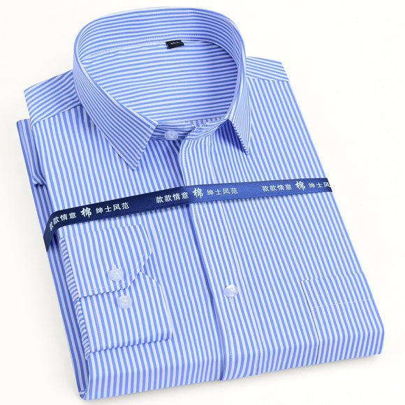 Men's Classic Long Sleeve Solid/striped Basic Dress Shirts Single Patch Pocket Formal Standard-fit Office Social Mart Lion   