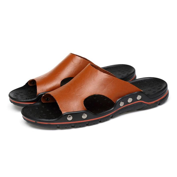 Genuine Leather Slippers Men's Slip on Casual Shoes Summer Breathable Outdoor Slides Beach Sandals Mart Lion brown 38 