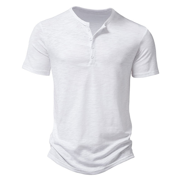  Summer T Shirt Men's Henley Collar White Short Sleeve Casual Slim Tops Tees Solid Color Mart Lion - Mart Lion
