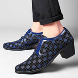 Blue Plaid Men's High Heel Shoe Pointed Leather Dress Shoes Lace-up Wedding Shoes zapatos hombre vestir Mart Lion   