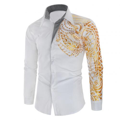 Luxury Men's Shirt Stamping Totem Print Turn Down Collar Buttons Slim Long Sleeve Top Public Club Fancy Mart Lion White M 
