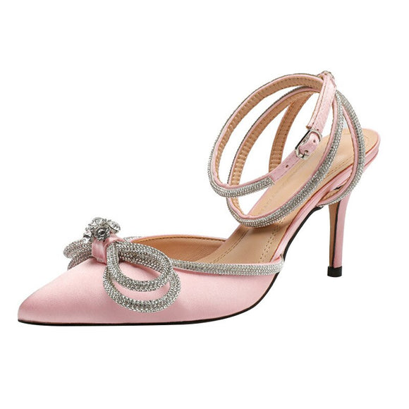 Luxury Glitter Rhinestones Silk Women Pumps Crystal Bowknot Satin Lady High Heels Bridal Wedding Shoes Pumps Mart Lion Pink 34 