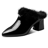 Autumn and Winter Fleece-Lined Slippers Outer Wear Pointed Toe High Heel Semi-Slipper Thick Heel Warm Mouth Women Shoes Mart Lion Black plus velvet 34 