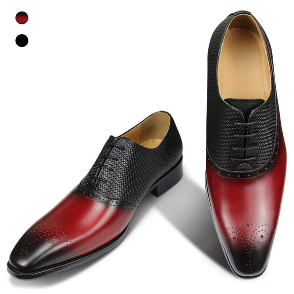  Shoes Men's Genuine Cow Leather Luxury Brand Oxfords Bullock Carving Dress Wedding Pointed Toe Lace-Up Formal wear classic style Mart Lion - Mart Lion