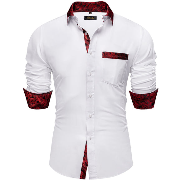 White Red Dress Shirts Men's Clothing Long Sleeve Tuxedo Social Casual Splicing Paisley Collar Cuff Men's Shirt Mart Lion   