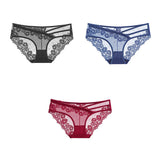 3pcs Lace Underwear For Women Low Waist Briefs Female Transparent Mesh Ladies Solid Panties Mart Lion black-blue-red M China|3PCS