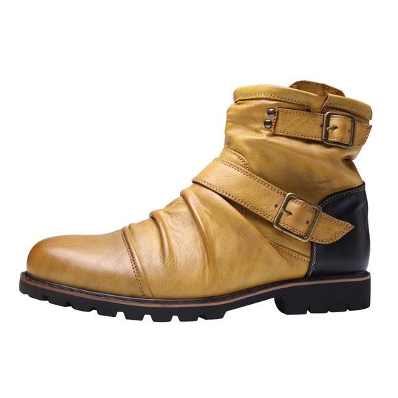 Retro Boots Western Cowboy Men's Army Casual Leather Pleated Western Vintage Chelsea Yellow Mart Lion   