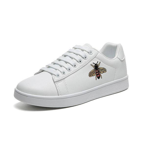 Autumn Men's and Women Casual Shoes Creative Luxury Embroidered Bee Flats Lovers Lace-up Leather Skateboard Sneakers Mart Lion white 35 