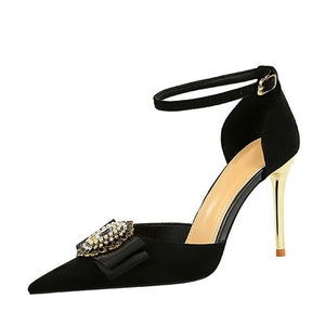 Liyke Design Chic Crystal Buckle Women Pumps Pointed Toe 10CM Thin High Heels Mules Sandal Female Sling back Shoes Black Mart Lion Black 34 