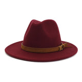 Fedora Hat Men's Women Brown Leather Belt Decoration Felt Hats Autumn Winter Imitation Woolen For Women British Style Felt Hat Mart Lion Wine red 56-58cm 