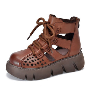 Cow Leather Round Toe Hollowed Out Sandals Women Summer Retro Roman Shoes Designer Platform Boots Ladies Mart Lion Brown 35 