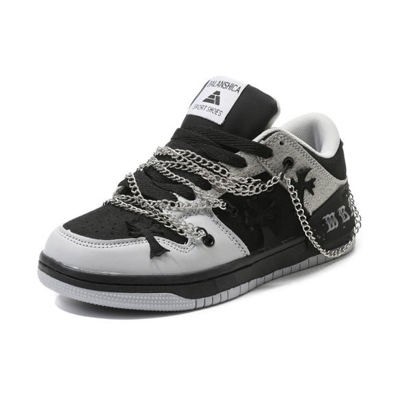 Men's Casual Sneakers Punk Metal Chains Cross Skateboard Flats Running Sport Shoes Tennis Basketball Trainers Walking Mart Lion Black 36 