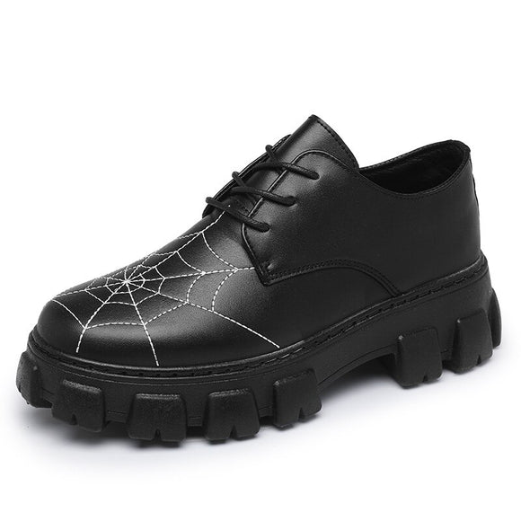 Men's Leather Shoes Creative Spider Web Stitch Casual Sneakers Platform Flats Skateboard Sports Walking Loafers Mart Lion Black 39 