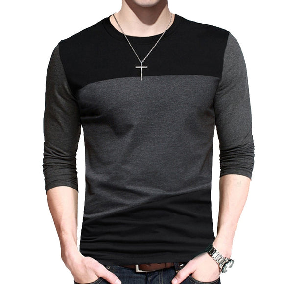  Autumn Korean Men's T Shirt Vintage Style Patchwork Black amp Gray O-Neck Long Clothing Mart Lion - Mart Lion