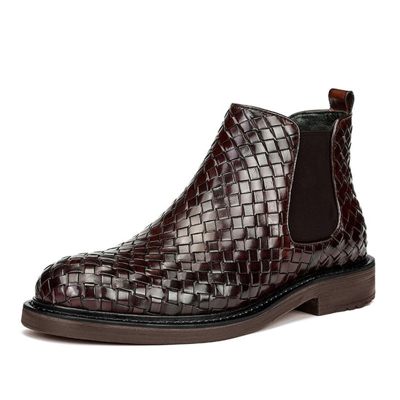 Chelsea Boots Men's Leather Weave Pattern Shoes Slip-on Formal Dress Ankle Mart Lion - Mart Lion