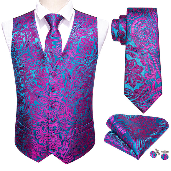 Rose Red Men's Wedding Suit Vest Blue Floral Jacquard Folral Silk Waistcoat Vests Handkerchief Tie Vest Suit Set Barry Wang Design Mart Lion BM-2060 XL 