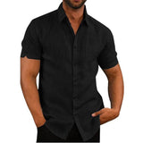 Cotton Linen Men's Short-Sleeved Shirts Summer Solid Color Turn-down collar Casual Beach Style Plus Size Mart Lion Black US S 50-60 KG China