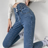 Stretch Jeans Women Push Up Retro High Waist Skinny Mom Pants Korean Denim Trousers Femme Mart Lion Vintage Blue XS CN
