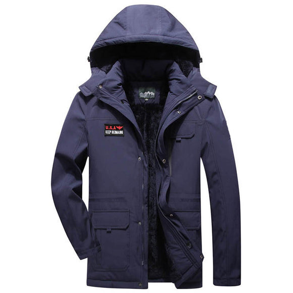 Men's Thick Fleece Winter Waterproof Jacket Fur Hooded Warm Snow Parkas Streetwear Golf Coat Clothing Mart Lion Dark Blue M 