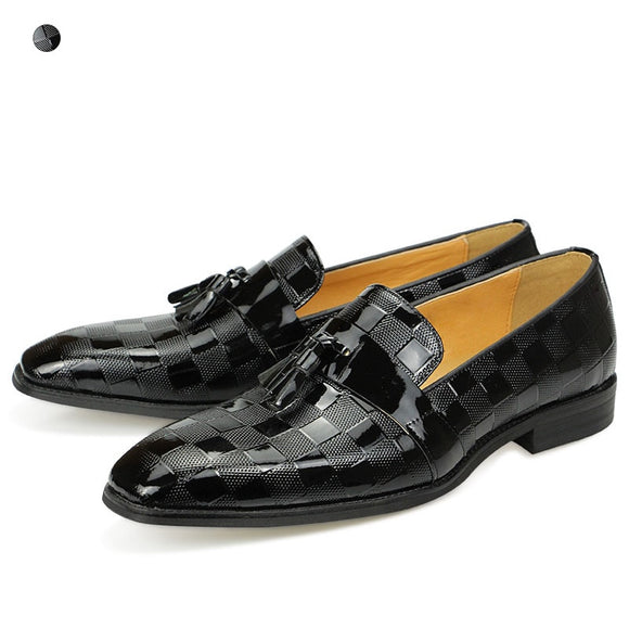 Handmade Men's Black Loafers Dress Shoes Luxury Genuine Casual wedding slip on patent leather Checked grain Mart Lion   