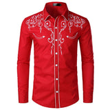 Men's Shirts Slim Fit Long Sleeve Causal Floral Embroidery Camisa Social Shirts Men's Dress Western Style Streetwear Blusa Mart Lion Red S 