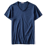 Summer V-neck T-shirt Men's 100% Combed Cotton Solid Short Sleeve Fitness Undershirt Tops Tees Mart Lion Navy CN Size S 50-55kg 