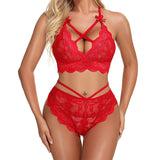 Nightgown Lace 2 Pieces Backless Sleepwear For Women Nightwear Female See Through Lingerie Set Mart Lion red S 