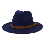 Fedora Hat Men's Women Brown Leather Belt Decoration Felt Hats Autumn Winter Imitation Woolen For Women British Style Felt Hat Mart Lion Navy 56-58cm 