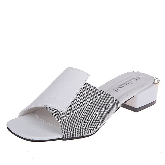 Designer Fish Mouth Sandals Mixed Colors PU Leather Women Slippers Elegant Open Toe Shallow Striped Non-Slip High-Heeled Slides Mart Lion white 35 