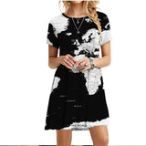  Oversized Summer Casual 3D Printed World Map Print O Neck Short Sleeve Loose Plus Size Dress Mart Lion - Mart Lion