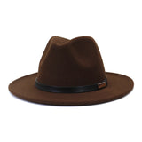Black leather belt decoration Felt Hats Fedora Hat Men's Women artificial wool Blend Simple Wide winter Fedora Hats Mart Lion Coffee color 56-58cm 