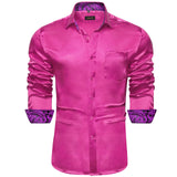 Hot Pink Designer Stretch Satin Shirts Men's Paisley Splicing Contrasting Colors Clothing Long Sleeve Social Shirts Mart Lion   