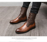 Men's Motorcycle Ankle Boots PU Color Matching Classic Retro Street Round Head Stitching Lace Casual Shoes Mart Lion   