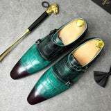 Crocodile Print Men's Dress Wedding Party Office Shoes Handmade Leather Monk Buckle Strap Sky Blue Pointed Toe Loafers Mart Lion   