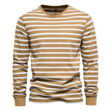 100% Cotton Long Sleeve T shirts Men's Contrast Striped O-neck  Autumn Clothing Mart Lion Khaki EUR S 60-70kg 