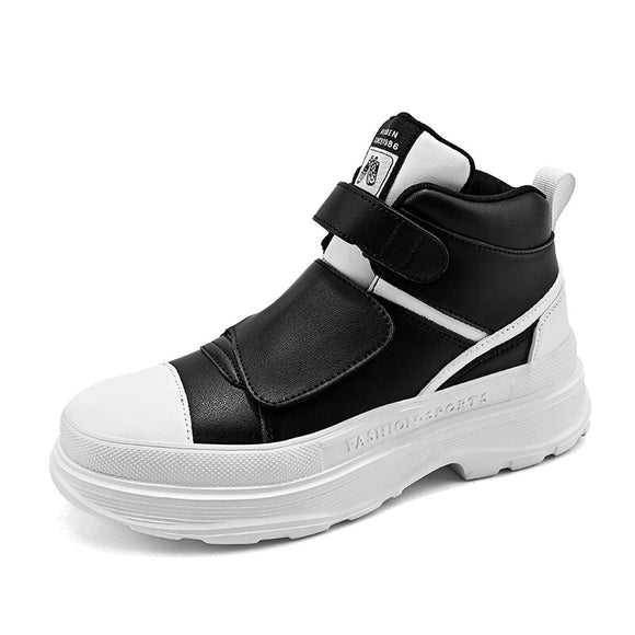 Autumn Men's Casual Sneakers Leather Chunky Platform High-top Shoes Ankle Boots Magic Tape Breathable Sport Mart Lion Black 39 