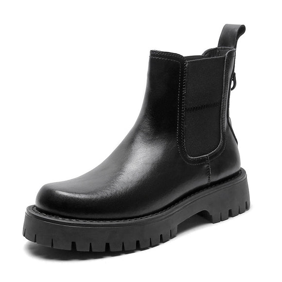 Autumn Boots for Men's Platform Chelsea Boots Split Leather Ankle Boots Male Thick Bottom Black Mart Lion   