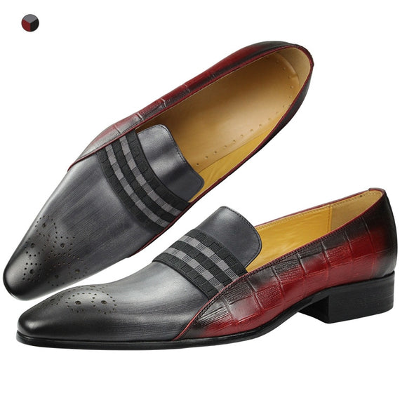 Men‘s Leather Dress Casual one-step loafers Wedding Printing brogue shoes Pointed Toe Fashion Color matching Gray Red chaussures Mart Lion   