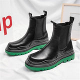 Men's Platform Chelsea Boots Thick Sole Split Leather Ankle shoes Round Toe Short Mart Lion Green 38 