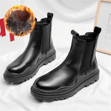 Men's Platform Chelsea Boots Thick Sole Split Leather Ankle shoes Round Toe Short Mart Lion Fur Black 38 