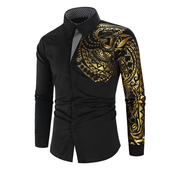 Men's Shirt Luxury Gold Long Sleeve Shirt White Black Dress Prom Social Print Mart Lion   