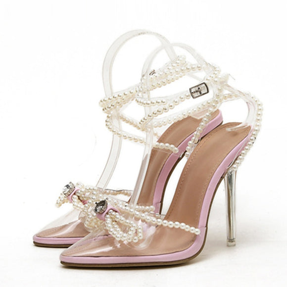 Liyke White String Bead Women Transparent High Heels Summer Butterfly-Knot Clear Sandals Pointed Toe Shoes Pumps Mart Lion Pink 35 China