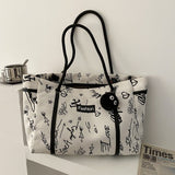 Canvas Bags For Women Trendy Large-Capacity Shoulder Handbags Graffiti Tote Bag Mart Lion Graffiti black  